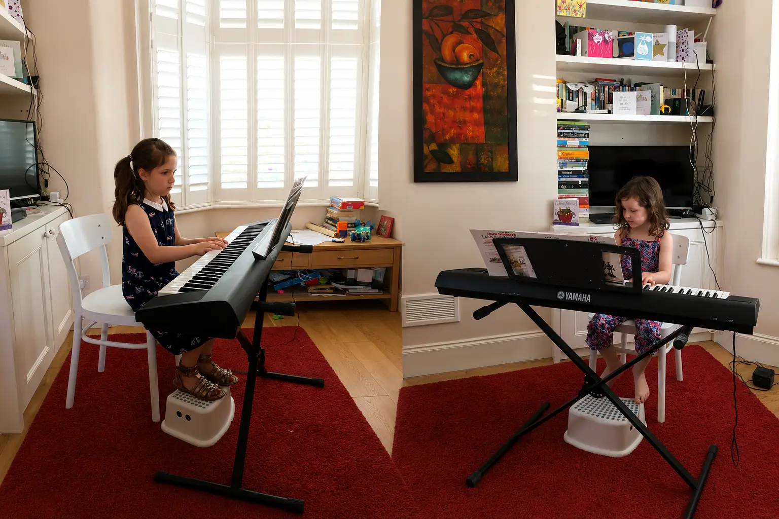 Two students playing piano